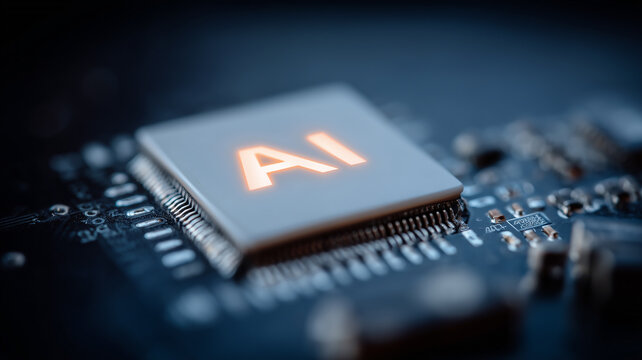 An AI processor mounted on a circuit board represents artificial intelligence computing and advanced data processing technology.
