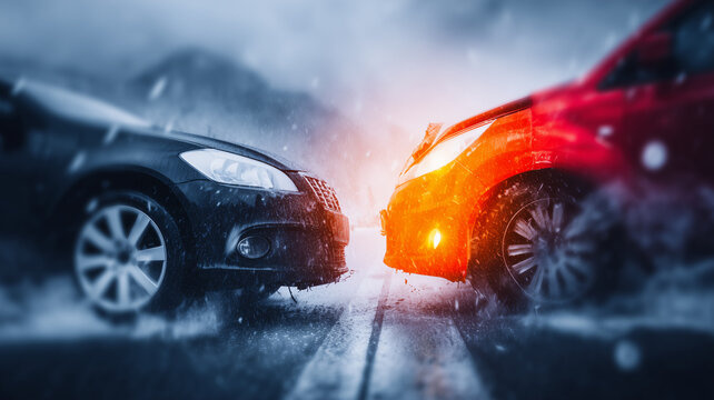 Two damaged cars colliding on a snowy road representing vehicle accident risk and automotive insurance claims in dangerous driving conditions
