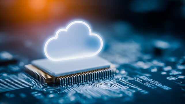 Cloud symbol positioned above a computer chip representing cloud computing infrastructure and connected data processing technology
