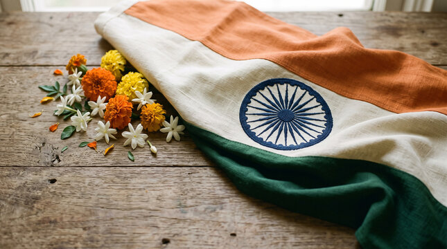 indian flag and flowers on wooden surface celebration background
