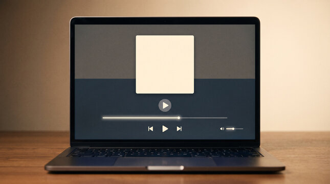 laptop displaying media player interface on wooden desk