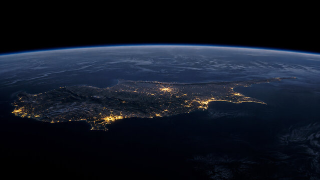 Cyprus Island at Night with City Lights and Dark Mediterranean Sea, ideal for travel, geography, Earth observation and global communication themes.