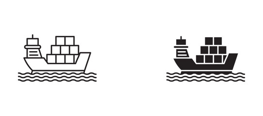 Cargo ship icon flat outline in black © Vince