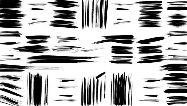 Artistic set of black brush strokes on white background creating moody dark abstract line pattern with textured paint finish