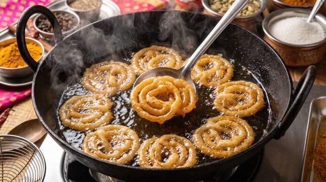 Fresh jalebi being fried in a hot oil pan with a metal ladle