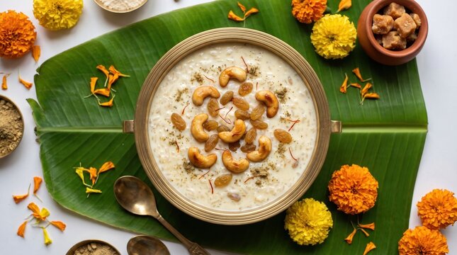 Traditional indian rice kheer or payasam served in a brass bowl on a banana leaf