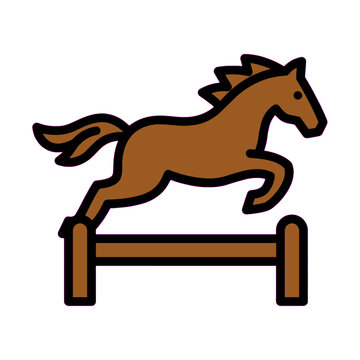 Minimalist brown horse jumping over wooden hurdle vector illustration