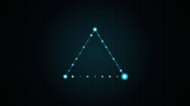 Abstract digital glowing blue triangle formed by connecting dots on a dark grid background