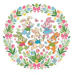 Obraz premium Joyful Easter Bunnies Dancing Within A Floral Spring Wreath