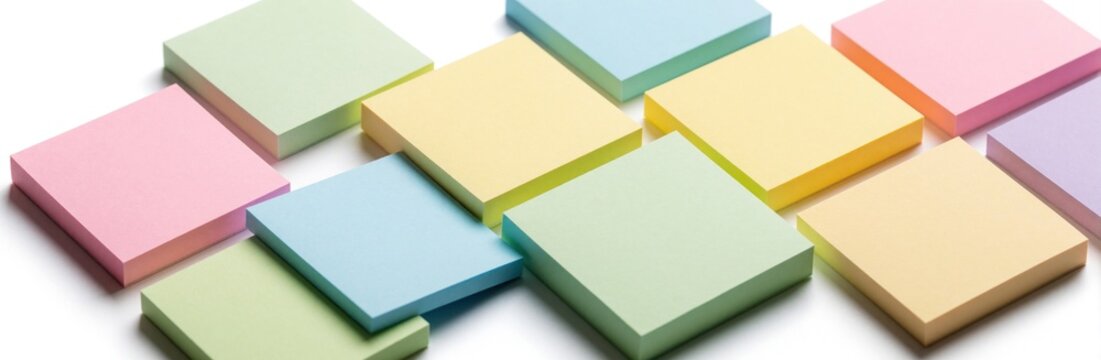 Stacks of pastel square sticky notes are arranged neatly on a white background. Variety of colors like pink, yellow, green, blue, and purple are visible. Subtle shadows add depth.