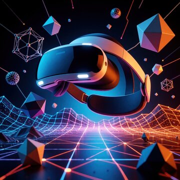 Futuristic VR headset floats in digital space with abstract geometric shapes. Cyberpunk neon grid floor creates synthwave landscape. Virtual reality goggles connect with network elements, glowing