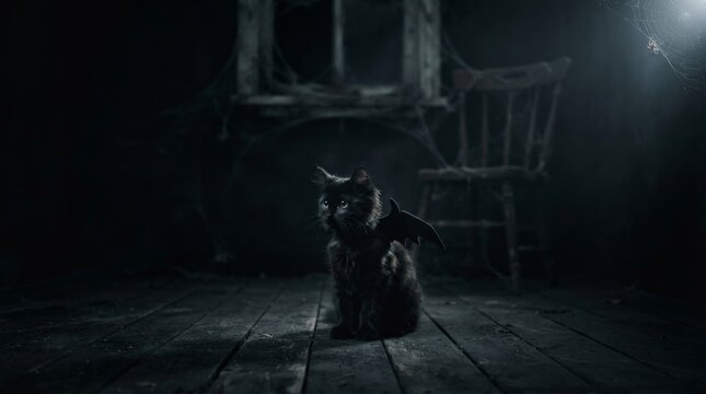 Small black cat dressed as a bat celebrates the spooky Halloween holiday in an empty house.
