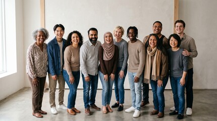 Fototapeta premium Diverse group of smiling people of various ages and ethnicities standing together indoors