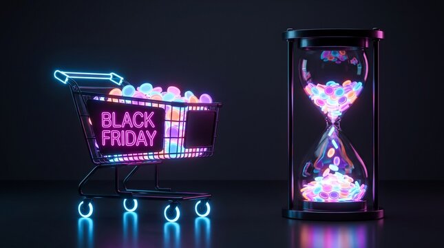 Black Friday shopping cart and hourglass filled with colorful glowing coins symbolizing time and savings