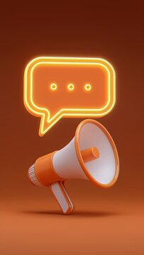 3D render of an orange megaphone and neon glowing speech bubble icon on a matching orange background. Communication, marketing, digital advertising, announcement.