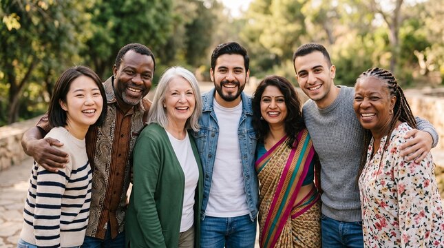 Diverse group of happy people of different ages and ethnicities smiling together outdoors in a park setting