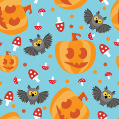 Fototapeta premium Seamless Halloween Pattern with Pumpkins, Bats, and Mushrooms