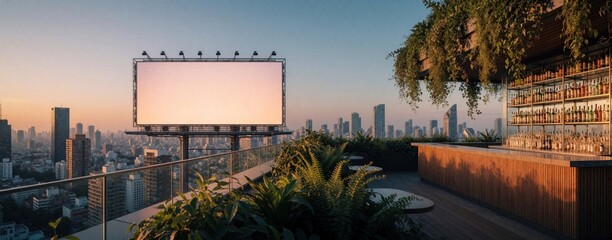 Obraz premium Rooftop bar area with cityscape view and large empty billboard. Bar shelves display bottles. Plants adorn the terrace for relaxation and social gatherings at dusk.