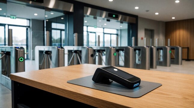 Modern barcode scanner sits on wooden desk at stadium entrance. Electronic device for ticket check stands near automated turnstiles, security gates. Empty arena lobby features high tech access
