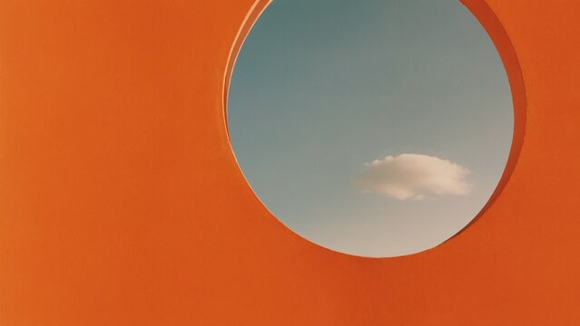 Orange architectural wall with circular opening framing blue sky and single cloud for minimalist geometric design