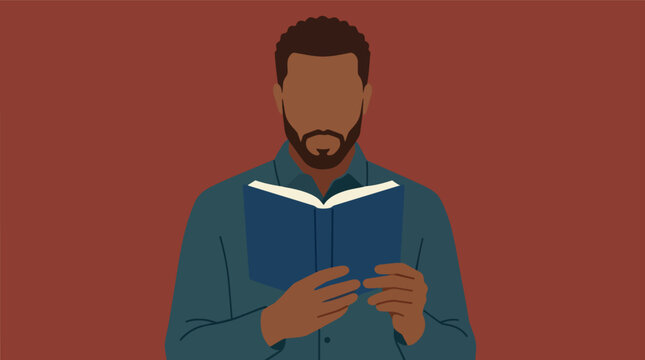 Reading man book enthusiast academic learning concept in a minimalist flat vector graphic for literacy programs and educational publishing