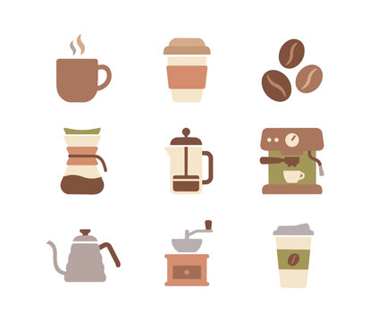 Coffee Brewing Equipment and Cafe Icon Set