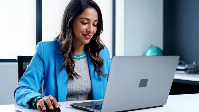 Smiling young businesswoman working on laptop in modern office, typing and using computer mouse. Remote work, professional lifestyle, corporate technology.