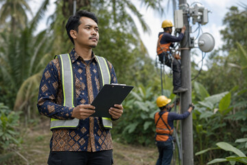 Fototapeta premium Batik telecom engineer working on plantation in blue