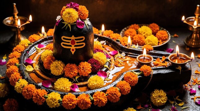 Hindu Shivling altar adorned with marigold flowers and lit oil lamps. Sacred stone worshipped with offerings, representing devotion and divine presence in a religious ceremony.