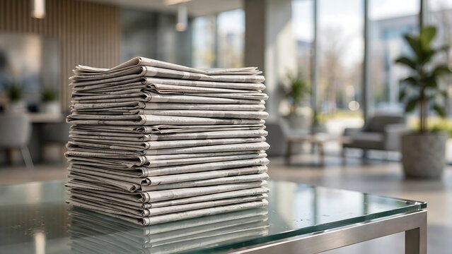 Stack of Folded Daily Newspapers on Glass Table