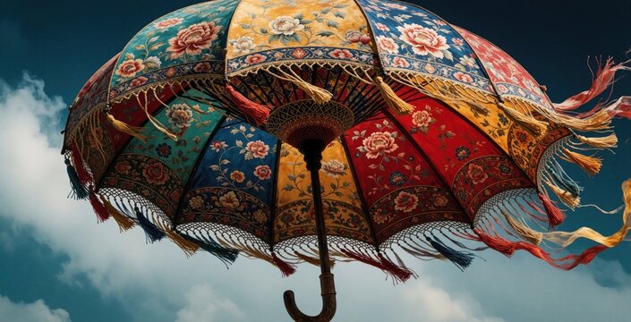 Ornate Japanese umbrella floats in blue sky with white clouds. Colorful parasol features traditional floral patterns, gold details, silk tassels. Beautiful oriental sunshade with vintage design flies