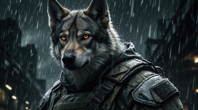 Anthropomorphic wolf soldier wears tactical military gear in heavy rain. Lone predator warrior stands in dark urban city setting. Intense orange eyes gaze forward during stormy night. Gritty