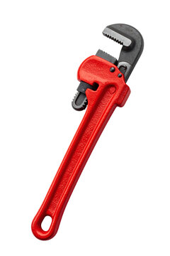 Pipe wrench tool isolated, heavy duty red steel manual plumbing equipment for industrial construction, repair, maintenance, engineering and hardware professional works&nbsp;