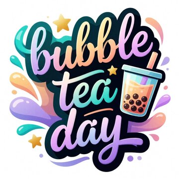 Bubble tea day celebration text with playful design. Colorful liquid splashes and stars surround cheerful calligraphy. A cup with tapioca pearls is near.