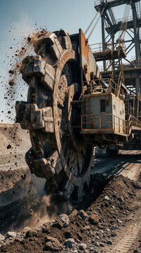 Huge bucket wheel excavator works at open pit coal mine. Massive industrial machine digs earth, rocks during surface mining process. Heavy machinery equipment performs large scale excavation in