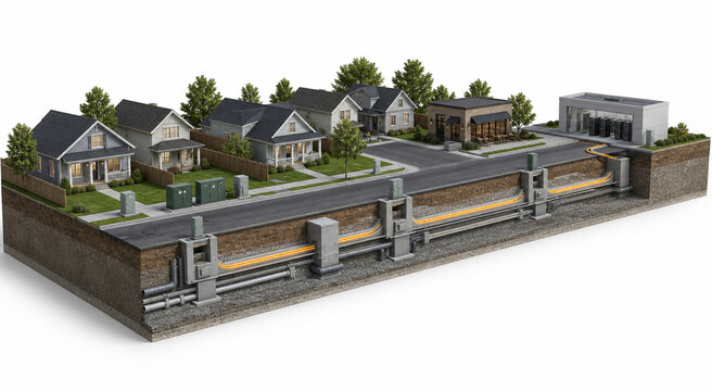 Underground fiber optic network connecting a modern city