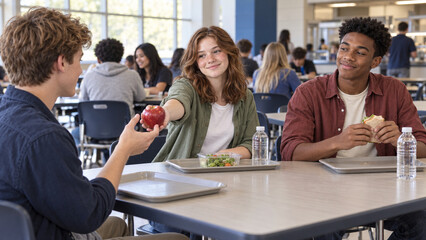 Fototapeta premium Three teenage friends sharing a healthy lunch in a high school cafeteria