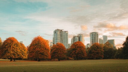 Obraz premium Autumn cityscape with vibrant trees and skyline.