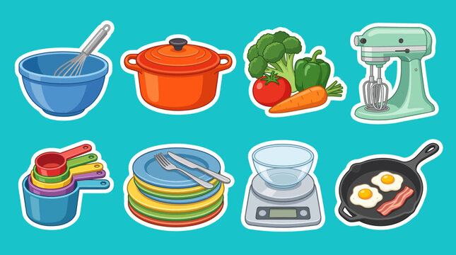 Colorful kitchen utensils vector illustration set featuring various cooking tools appliances fresh vegetables and breakfast items on bright blue background