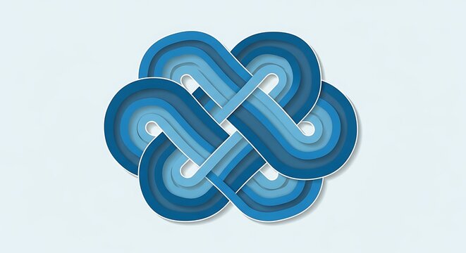 A circular blue interwoven knot pattern creates an endless loop of continuous movement that signifies unity and strength while providing a complex geometric aesthetic for various professional