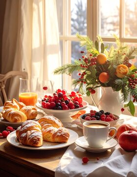 Cozy Christmas Morning Breakfast Spread with Pastries, Fruit, and Coffee