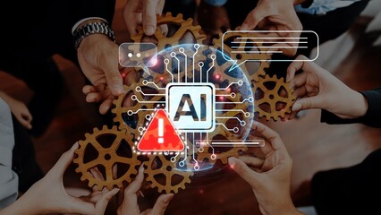 A dynamic scene showing diverse hands collaborating around a central AI symbol with gears,...