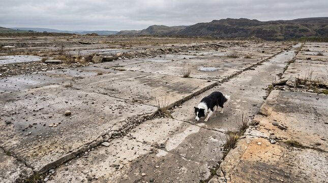 Border collie in a black harness tracking a scent across open upland terrain in cold weather