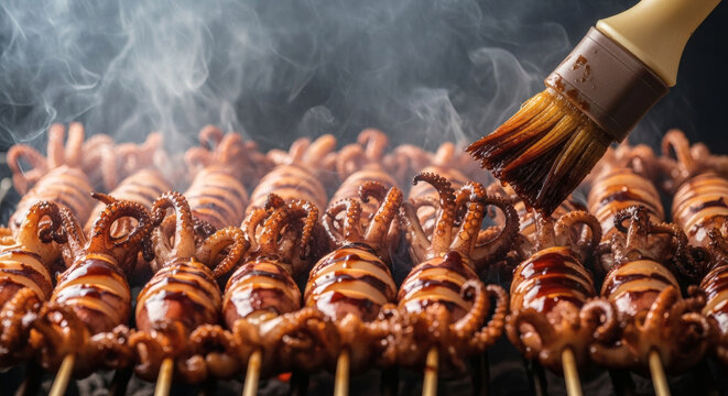 Grilled baby octopus skewers glazed with savory sauce being brushed while cooking on a hot charcoal barbecue grill outdoors
