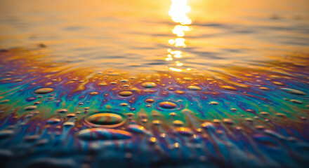 Obraz premium Iridescent oil spill abstract background featuring vibrant rainbow colors reflecting on water surface with liquid droplets and golden sunlight glow
