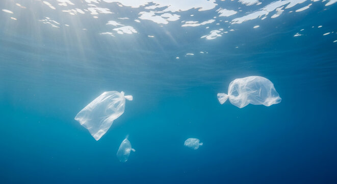 Plastic bags floating underwater in the blue ocean representing environmental pollution and the urgent need for global plastic waste reduction