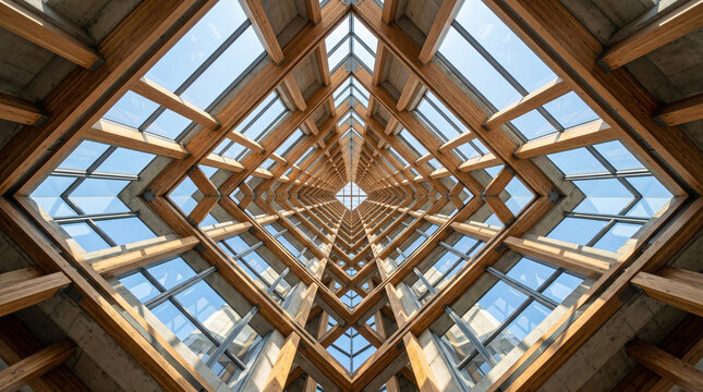 Modern wooden skylight ceiling with geometric square perspective and glass panels