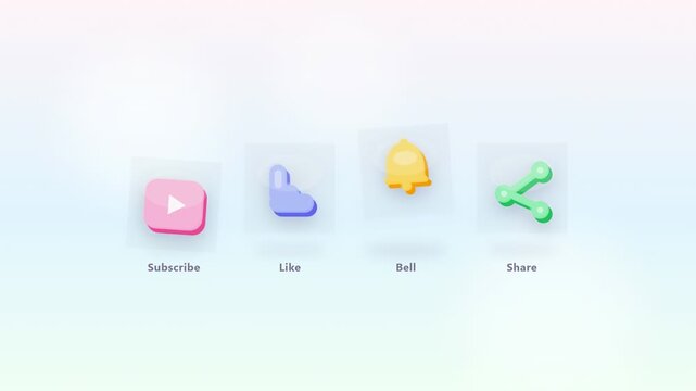 3D Animated Social Media Interface Icons for Subscribe Like Notification Bell and Share Buttons