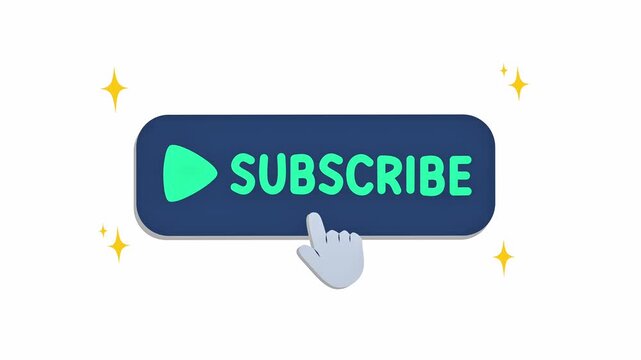 2D animation of a blue subscribe button being clicked by a hand cursor. Features a green play icon and sparkling star effects on a white background.