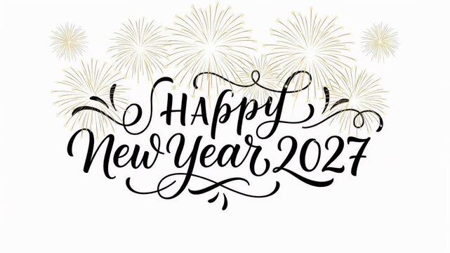 Happy New Year 2027 calligraphy lettering with festive fireworks on white background